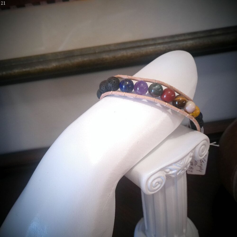 SIMPLY CHAKRA Cream Leather Bracelet with Chakra & Black Beads Size 7 1/4"